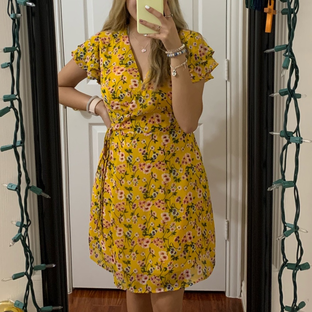 Yellow Floral Wrap Dress